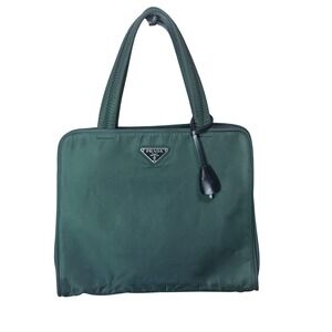 Prada Tessuto Nylon Tote Bag Forest Green Silver Hardware Padlock Clochette